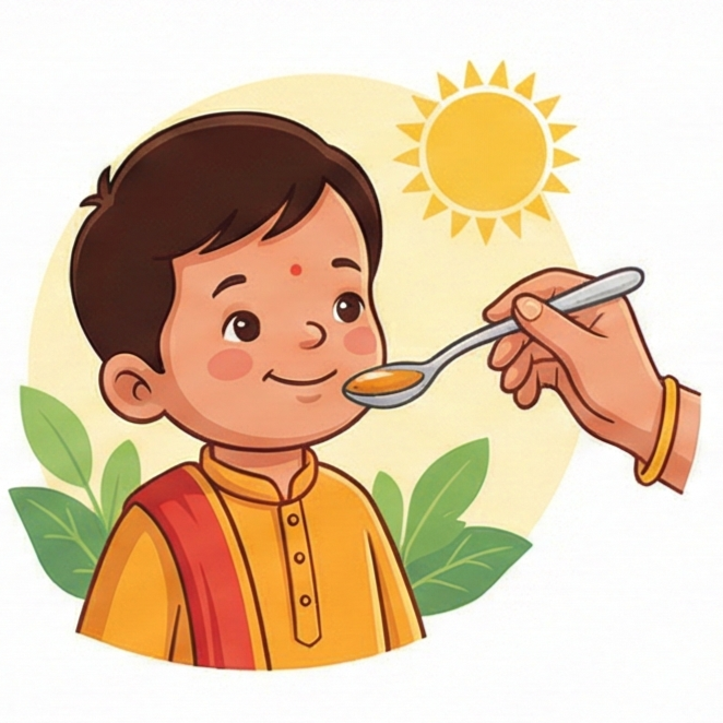 Child receiving Suvarnaprashan